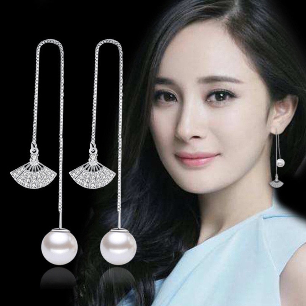 Cubic Zirconia Fan & Faux Pearl Threader Earrings